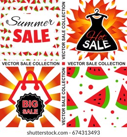 Collection of Summer Sale Backgrounds. Vector Set with Sale Banners and Watermelon Patterns