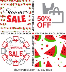 Collection of Summer Sale Backgrounds. Vector Set with Sale Banners and Watermelon Patterns