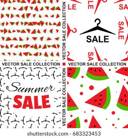 Collection of Summer Sale Backgrounds. Vector Set with Sale Banners and Watermelon Patterns