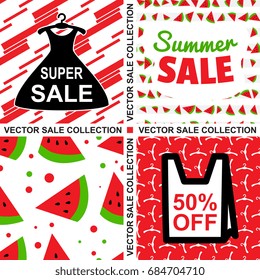 Collection of Summer Sale Backgrounds. Vector Set with Sale Banners and Watermelon Patterns