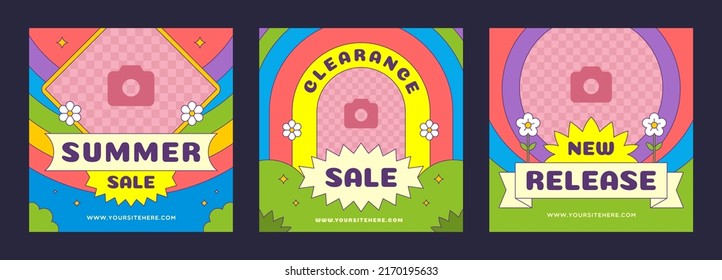 Collection Summer Sale Groovy Social Media Post Templates Vector Illustration. Set Psychedelic Holiday Announcement Festive Award Ribbon Place For Text