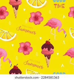 Collection of summer seamless pattern with pineapple,flamingo,watermelon.Editable vector illustration for invitation,postcard and website banner