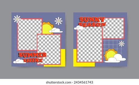 Collection of summer social media post templates in cartoon style. Square banner design background.