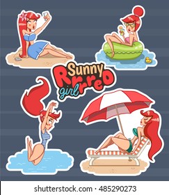 Collection of Summer Stickers, Badges. Young Redhead Girl on Vacation. Vector illustration 