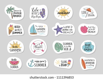 Collection of summer stickers with funny text. Vector.