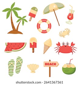 Collection of summer stickers on a white background. Palm tree, ice cream, beach umbrella, mojito, watermelon, slipper, shell, coconut, lifebuoy, crab