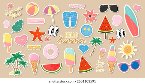 A collection of summer stickers with various seasonal elements. A colorful set of summer stickers on a beige background. Fashionable design in the style of pop art of the 80s. Vector EPS 10.
