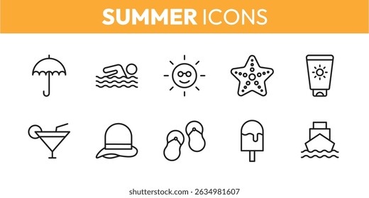 Collection of summer stroke icon set, different icons related to summer, editable stroke, isolated on white background