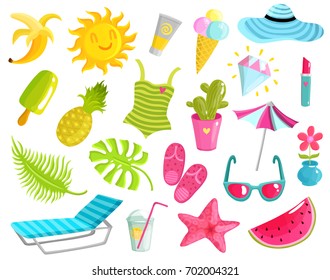 Collection of summer stuff including beach accessories, fruits, ice cream, starfish, diamond, sun, cactus isolated vector illustration