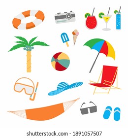 Collection of summer stuff isolated on white background. Flat summer holidays, beach vacation poster with summertime icons set. Pool party concept. Vector cartoon design illustration, trendy style.