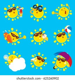 Collection of summer sun. A variety of sun character for summer design.