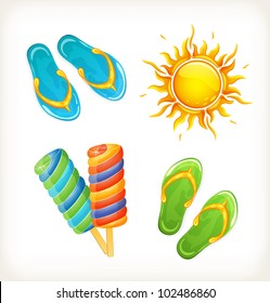 Collection of summer symbols in a glossy style isolated on white background
