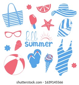 Collection of summer symbols. Set of cute icons in pink and blue. Vacation theme. Vector illustration - Shutterstock ID 1639145566