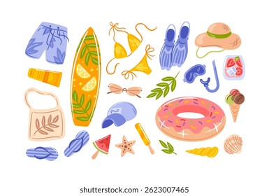 A collection of summer themed symbols including a swimsuit, surfboard, sunglasses, hat, watermelon slice, donut buoy, ice cream, starfish and shell.
