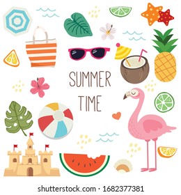 The collection of summer time set. The cute flamingo pineapple coconut juice totoe bag sunglasses starfish lemon beach ball sand castle and umbrella in flat vector style.