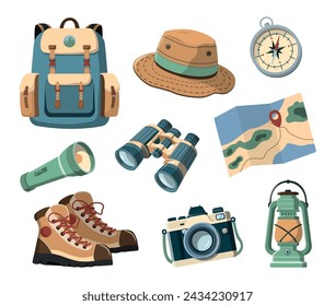 Collection of Summer Tourism and adventure accessories on white background. Travel equipment. Vector illustrations