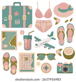 Collection of summer travel and vacation essentials.
