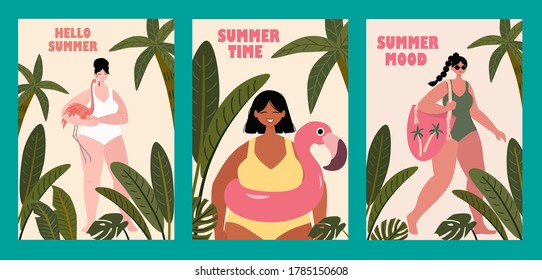 Colección de tarjetas tropicales de verano. Ilustración vectorial. Hermosa plantilla. Se puede usar para banner, afiche, tarjeta, postal e impresión.