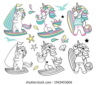 Collection of summer unicorns on a surfboard. Vector illustration of funny cartoon animals. Patch collection for t-shirt design, greeting card, baby shower. Coloring book