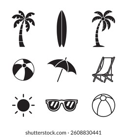 collection of summer vacation beach icons silhouette vector design