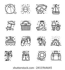 Colección de elementos de vacaciones de verano, adorables y minimalistas íconos de doodle para el proyecto temático de verano, ilustración vectorial.