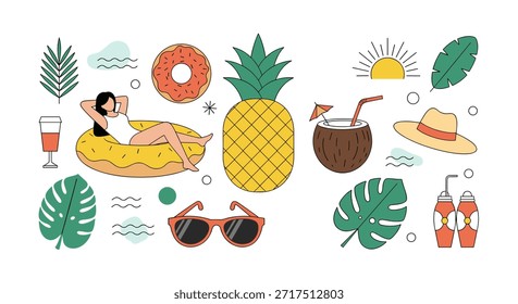 Kollektion von Sommerferienelementen mit einer Frau auf einer Floatie, Ananas, Kokosnussgetränk, Sonnenbrille und Hut.