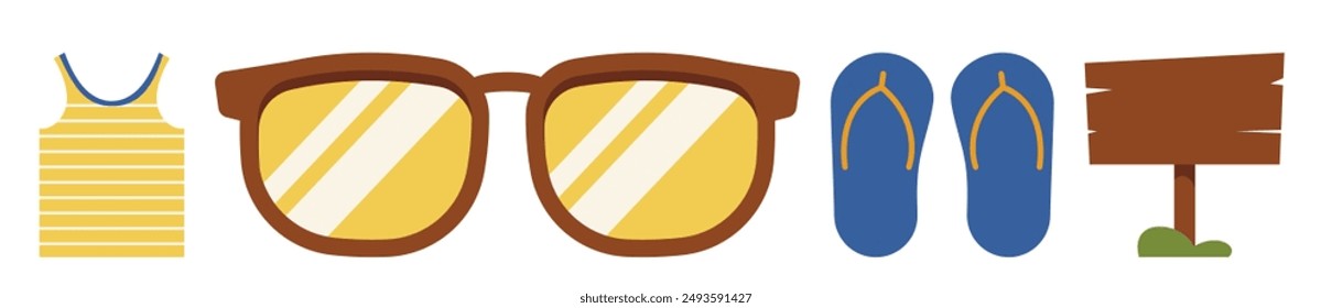 A collection of summer vacation essentials including sunglasses, flip-flops, a tank top, and a blank wooden sign. Perfect for a warm weather getaway.