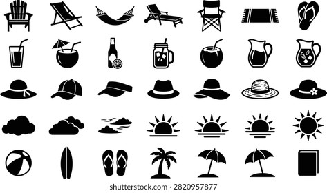 Collection of summer vacation icons featuring beach chairs umbrellas hammocks tropical drinks sun hats footwear and nature elements for seasonal designs.
