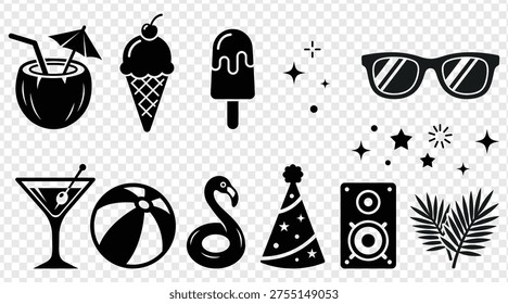Collection of summer vacation and partythemed vector icons including drinks food and festive accessories isolated on transparent background
