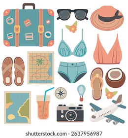 Collection of summer vacation and travel items.