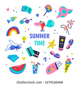 Collection of summer vacation trip, decorative design elements isolated on white background. Flat cartoon colorful vector illustration.