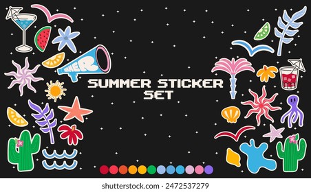 Collection of summer various patches, tags, sticker and stamps. Travel stickers, trendy promo labels. Vector set	