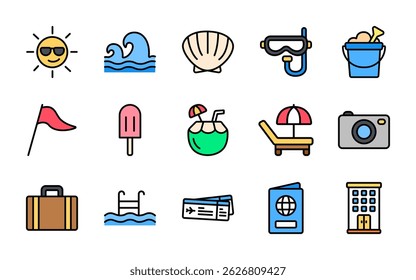 Collection of summer vector icons in colored outline style, isolated on white, includes seashell, snorkeling, ice cream, and more. Ideal for travel, beach, holiday, and tropical-related designs.