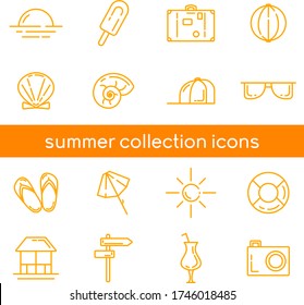 A collection of summer vector icons with various beach items. The orange color. White background 