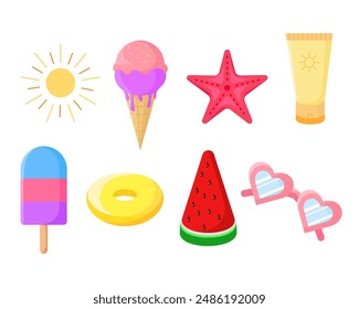 Colección de las Imágenes vectoriales de verano: copas, crema, sol, estrella, mar, helado