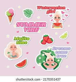 Collection summer vibe stickers cartoon set. Drawings of a woman with a watermelon and mojito cocktail and lying in the grass. Ice cream, soda and fruits, strawberry, watermelon, lime. 