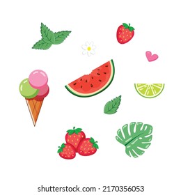 Conjunto de dibujos animados de la colección Vibe stickers de verano. Dibuja helados, refrescos y frutas, fresa, sandía, lima, menta y melissa. Decoración para la planificación diaria, reserva de recortes. Bueno para el embalaje.