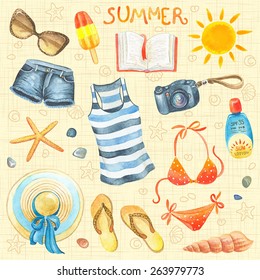 Collection of summer watercolor elements, set 1.