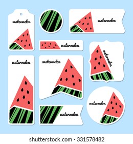 Collection of summer watermelon cards, notes, stickers, labels, tags with cute ornament illustrations. Template for scrapbooking, wrapping, notebooks, notebook, diary, decals, school accessories