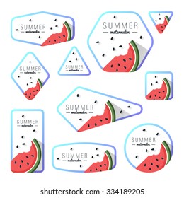 Collection of summer watermelon cards, notes, stickers, labels, tags with cute ornament illustrations. Template for scrapbooking, wrapping, notebooks, notebook, diary, decals, school accessories