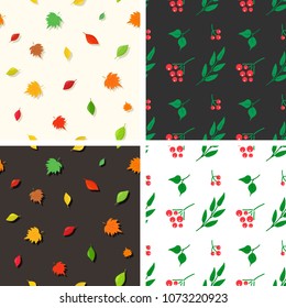 Collection of summer-fall seamless patterns. The whirling leaves and ripe berries perfectly decorate any shape