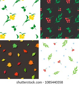 Collection of summer-fall seamless patterns. The whirling leaves and ripe berries perfectly decorate any shape