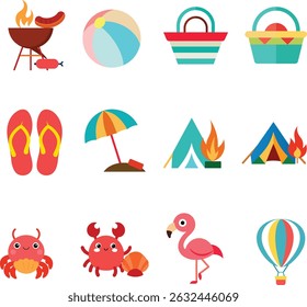 A collection of summer-related items such as bag, beach, crab, and beach umbrella.