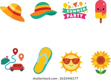 A collection of summer-related items such as hats, flowers, ice cream, sun, car and map.