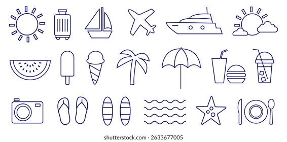 A collection of summer-themed icons depicts travel essentials like airplanes and suitcases, beach activities, and delightful snacks under the sun, celebrating the joy of vacation.