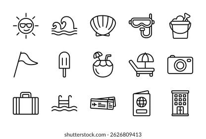 Collection of summer-themed vector icons in line icon style, isolated on white, includes seashell, snorkeling, ice cream, and more. Ideal for travel, beach, holiday, and tropical-related designs.