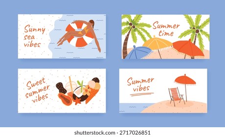 Collection of summertime horizontal postcard. Beach, vacation, palm trees, fruits, drinks, umbrellas and swimwear. Tropical and fun banner designs for summer promotions, banners
