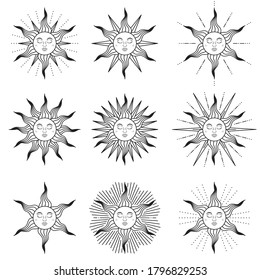 Collection of sun with closed eyes in medieval style isolated on white background. Vector illustration