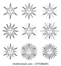 Collection of sun with faces in medieval style isolated on white background. Vector illustration