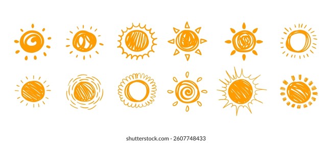 Collection of Sun in Hand Drawn style, Isolated on White Background. Cute nature summer elements. Sun, heat icons with rays